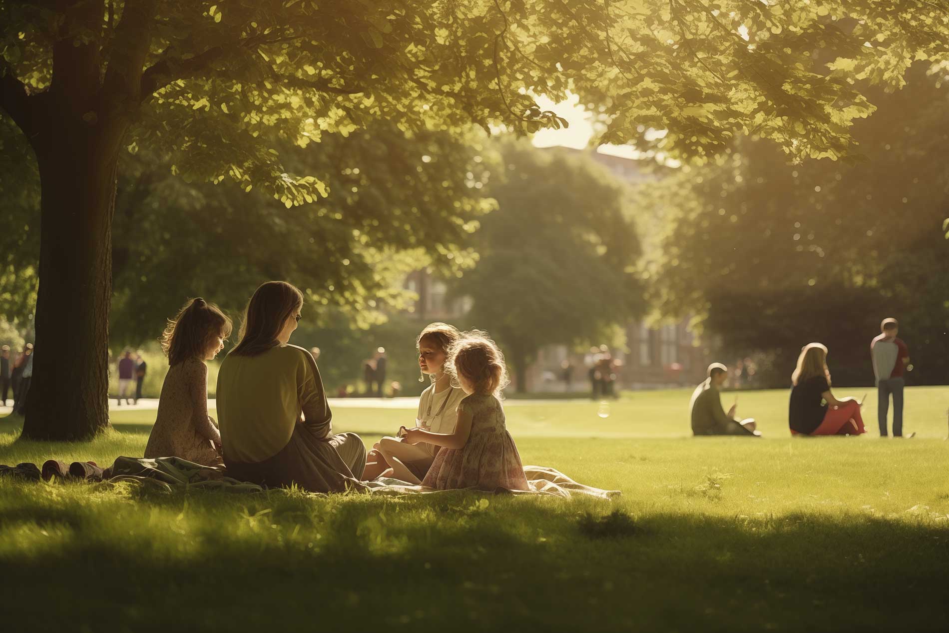 families outside surrounded by trees